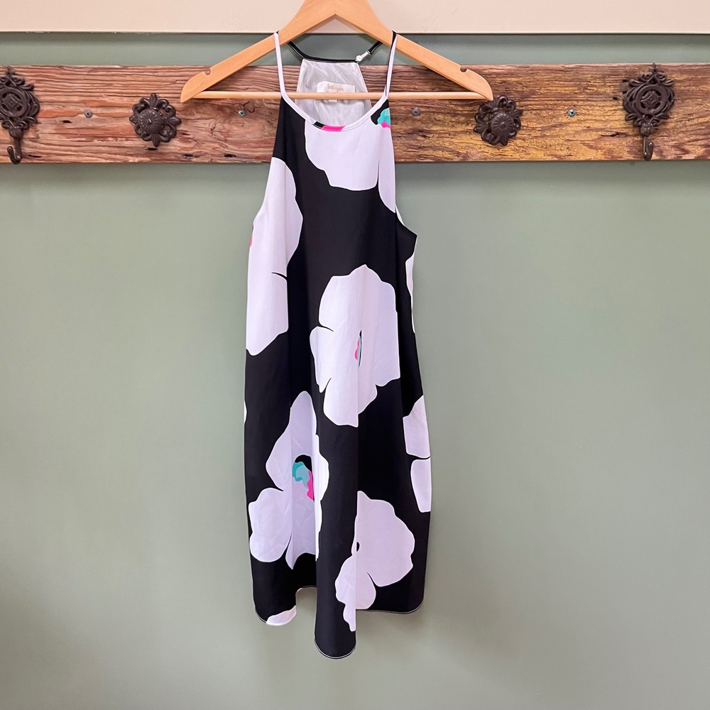 Britt Ryan Black White Floral Halter Shift‎ Dress XS Made in USA Bold Print